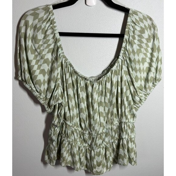 SO Womens Green Checkered Ruffle Double Cinched Waist Top XL Peasant Cottagecore - Picture 3 of 13